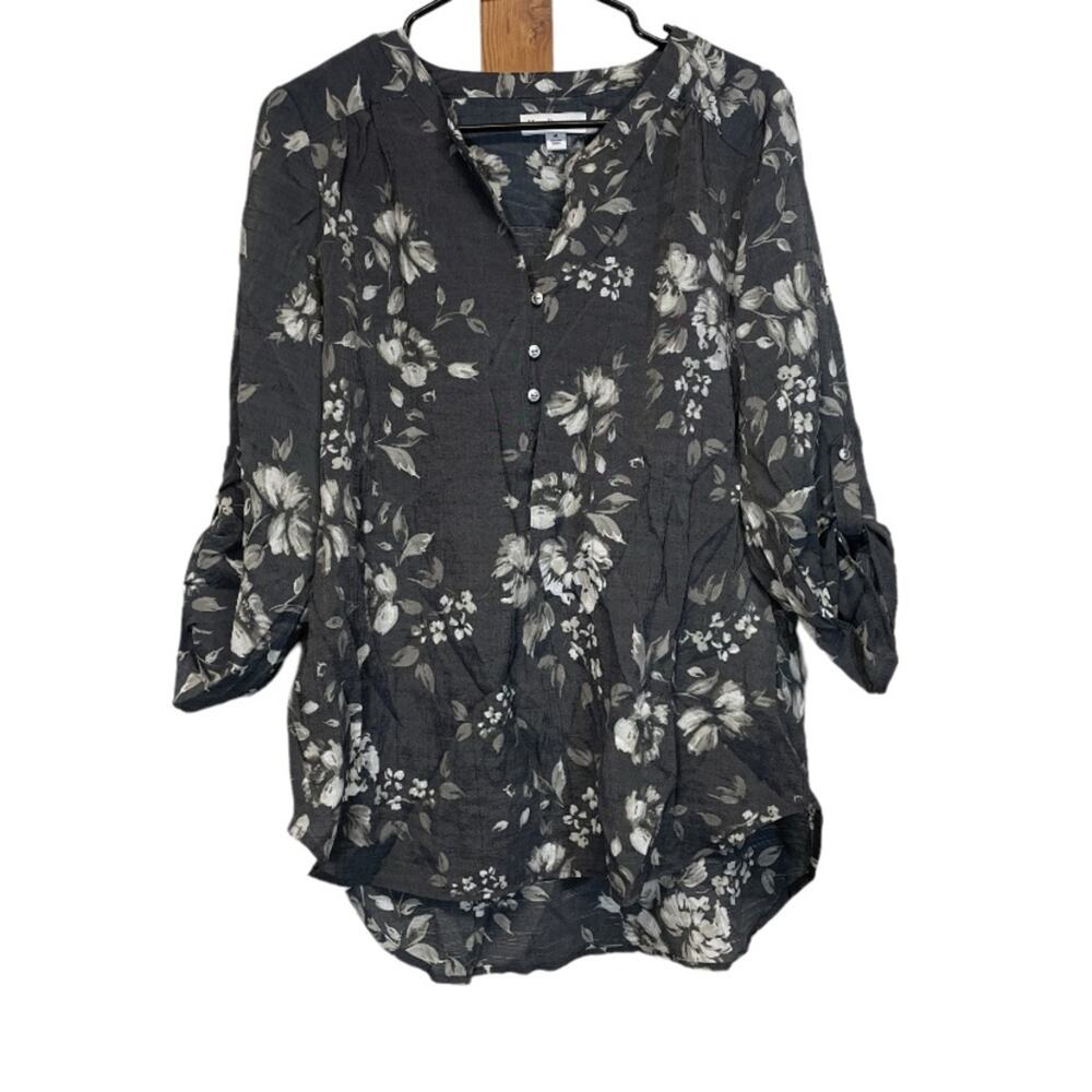 Kim Rogers Gray Floral Print 3/4 Sleeve Blouse Size M